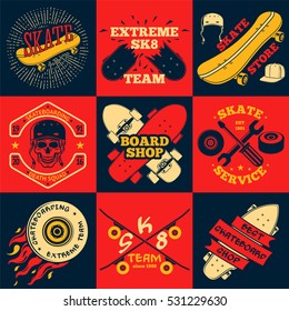 Set of skateboarding labels - skull in helmet, repair shop, skate team, board shop, etc. Vector