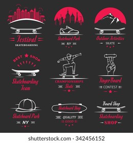 Set of skateboarding logo, badge, emblems, stickers, labels and elements of street style. Collection sign and graffiti