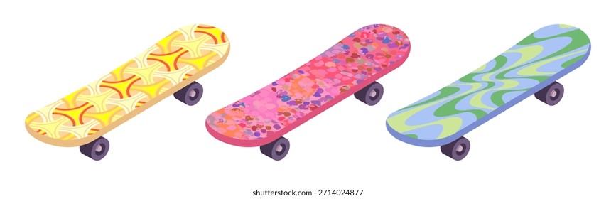 Conjunto de patinetas con patrones coloridos - Ilustración vectorial isométrica dibujada a mano.