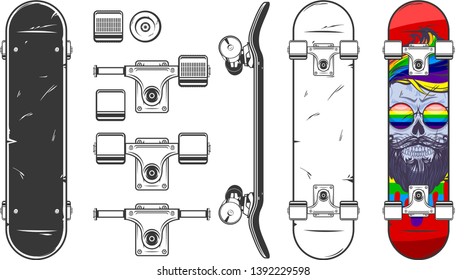 Set of skateboards and details, vector realistic illustration isolated on white background