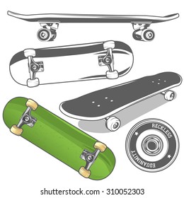 Set of skateboards from different angles + detailed skateboard wheel. Vector illustration