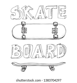 Set of skateboards isolated on white. Doodle Longboard, pennyboard. Hand drawn vector illustration