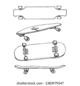 Set of skateboards isolated on white. Doodle Longboard, pennyboard. Hand drawn vector illustration