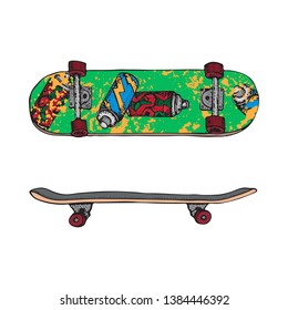 Set of skateboards isolated on white. Doodle Longboard, pennyboard. Hand drawn vector illustration for poster, t-shirt, textile.