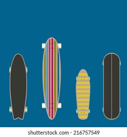 Set of skateboards and longboards