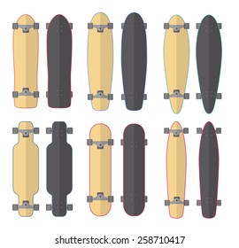 Set of skateboards and longboards. Vector flat design