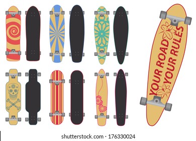 Set of skateboards and longboards. Vector illustration