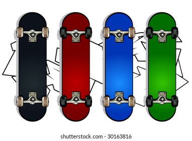 Set of skateboards on white graffiti background