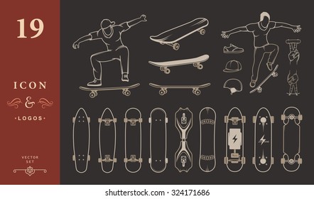 Set of skateboards and skateboarding of equipment, clothing, protection, and elements of street style. Silhouettes tricks skateboarders, and big collection symbols skateboards