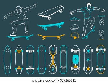 Set of skateboards and skateboarding of equipment, clothing, protection, and elements of street style. Silhouettes tricks skateboarders, and big collection symbols skateboards