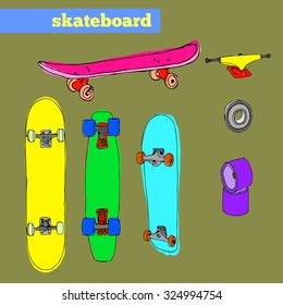 Set of skateboards and skateboarding spare parts