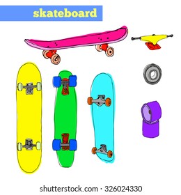 Set of skateboards and skateboarding spare parts