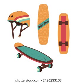 Set of skateboards and skater helmet. Vector illustration in 90s style, in retro colors.