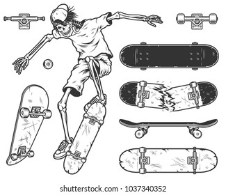 Set of skateboards and skeleton. Vector illustration