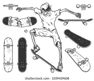 Set of skateboards and skeleton. Vector illustration