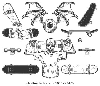 Set of skateboards and skeleton. Vector illustration