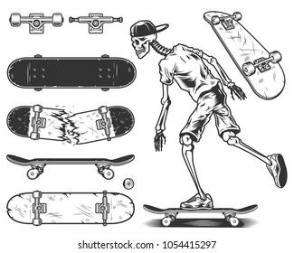 Set of skateboards and skeleton. Vector illustration