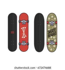 Set of skateboards with skulls and bones isolated on white background. Vector illustration.