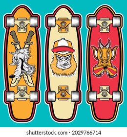 set of skateboards wolf, monkey and demon drawing