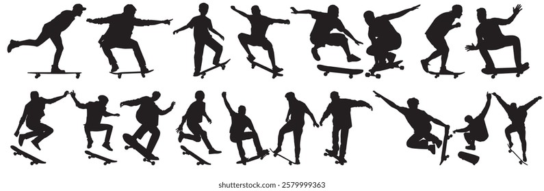 set of skater silhouettes. Collection of skate boarder on isolated white background.