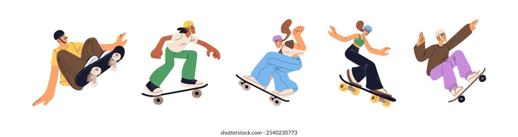 Set of skaters ride, jump with boards. Young people in safety helmets do extreme stunts, sports tricks with skateboard. Men and women skate on street. Flat isolated vector illustrations on white