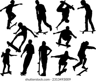 Set of Skaters Silhouette, Skateboard