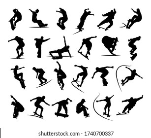 Set Of Skaters Silhouettes Jumping And Making Tricks On Skateboard In Skatepark. Black And White Vector Icons