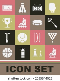 Set Skates, Billiard balls in rack triangle, Tennis racket, Sport mechanical scoreboard, Roller skate, Award cup, table and Hockey puck icon. Vector