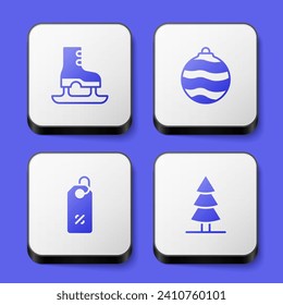 Set Skates, Christmas ball, Discount percent tag and tree icon. White square button. Vector