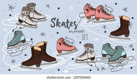 A set of skates of different colors with a contour for vintage style. Skates on a blue background with dark and light snowflakes. Untied shoelaces and lines on ice. Suitable for printing on textiles.