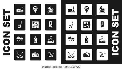 Set Skates, Folded map, Ice hockey stick and puck, Shovel in snowdrift, Meteorology thermometer, Location with mountain, Award winner podium and Cloud icon. Vector