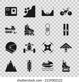 Set Skates, Hang Glider, Ski And Sticks, Park, Roller Skate, Snowmobile, Action Extreme Camera And Climber Rope Icon. Vector