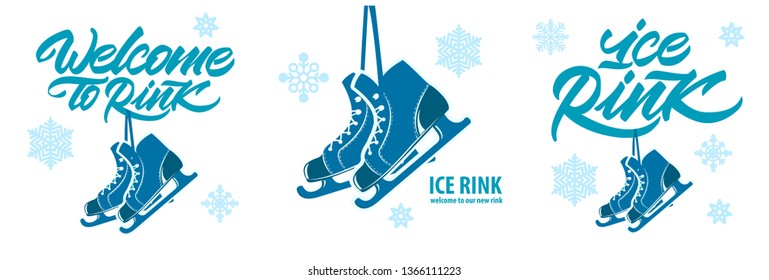 Set of Skates hang on the inscription welcome to rink winter emblem. Welcome to rink in lettering style with snowflakes.