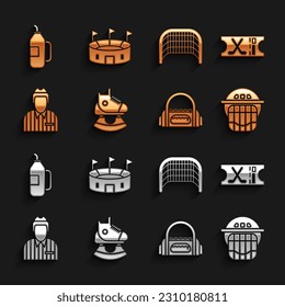 Set Skates, Hockey sports ticket, helmet, Sport bag, judge, referee, arbiter, Ice hockey goal, Fitness shaker and stadium icon. Vector