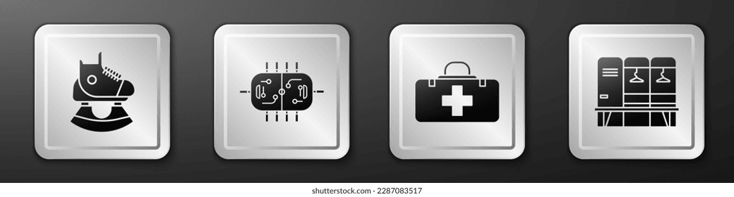 Set Skates, Hockey table, First aid kit and Locker or changing room icon. Silver square button. Vector