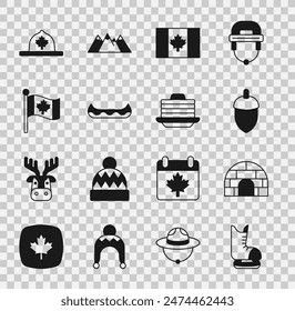 Set Patines, Iglú casa de hielo, Bellota, Bandera de Canadá, Kayak, sombrero de guardabosques canadiense y Stack panqueques icono. Vector