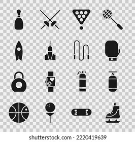 Set Skates, Punching-Tasche, Boxhandschuh, Billardkugeln Rack Dreieck, Dart Pfeil, Surfboard, Bowling-Pin und Jump-Seil-Symbol. Vektorgrafik