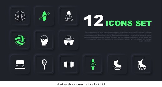 Set Skates, Roller skate, Baseball helmet, Smart watch with heart, Volleyball, Tennis racket, Kayak and paddle and Dumbbell icon. Vector