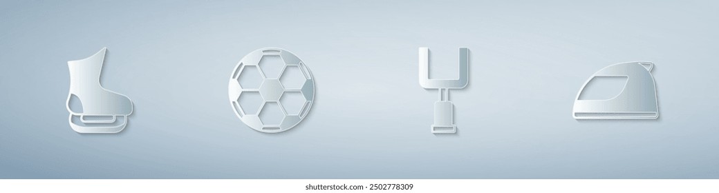 Set Skates, Soccer football ball, American goal post and Racing helmet. Paper art style. Vector