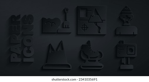 Set Skates, Winter athlete, Mountains, Action camera, Folded map and Shovel snowdrift icon. Vector