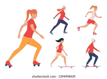Set of skating activities. Girls and guy skateboarding, roller skating and ice skating. Activity concept. Vector illustration can be used for topics like leisure or active lifestyle