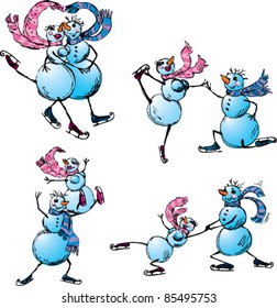 Set of skating happy couple - snowman and snow woman - hand drawn illustration