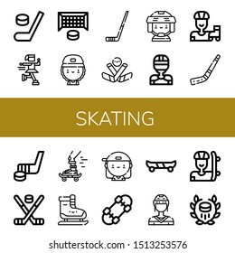 Set of skating icons such as Hockey, Ice skate, Hockey goal, Skater, Hockey stick, Ice player, Roller skate, Skateboard, Ice skating, Skate board , skating