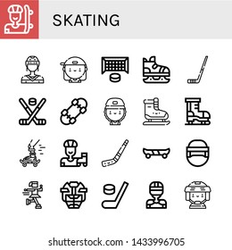 Set of skating icons such as Skater, Hockey player, Hockey goal, Ice skate, Hockey stick, Skateboard, Ice skating, Roller skate, Skate board, helmet, , skating