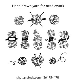 Set skeins of different forms. Hand-drawn collection of yarns for needlework and knitting. Outline style.