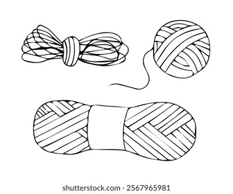 Set of skeins of thread for hand knitting. Vector illustration in doodle style on white background.