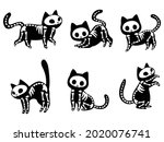 Set of skeleton black cats. Collection of silhouette halloween cats with bones costume. Funny pets. Vector illustration on white background. Tattoo.