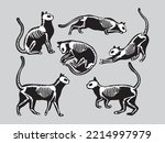 Set of skeleton black cats. Collection of silhouette halloween cats with bones costume. Funny pets. Vector illustration on white background. Tattoo.