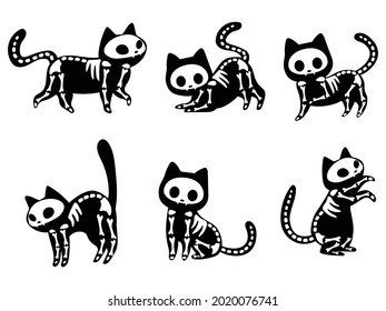 Set of skeleton black cats. Collection of silhouette halloween cats with bones costume. Funny pets. Vector illustration on white background. Tattoo.