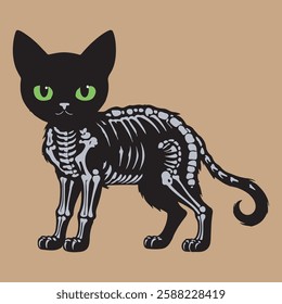 Set of skeleton black cats with Dark Green Eye. Collection of silhouette halloween cats with bones costume. Vector illustration. Tattoo.